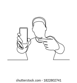 continuous line drawing of man holding mobile phone vector illustration. Continuous one line drawing. Businessman holding smartphone