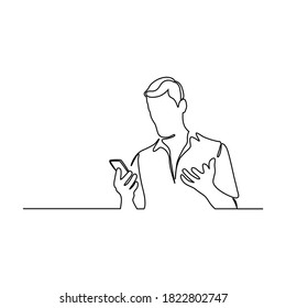 continuous line drawing of man holding mobile phone vector illustration. Continuous one line drawing. Businessman holding smartphone