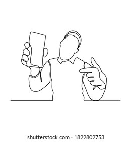 continuous line drawing of man holding mobile phone vector illustration. Continuous one line drawing. Businessman holding smartphone