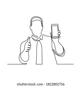 continuous line drawing of man holding mobile phone vector illustration. Continuous one line drawing. Businessman holding smartphone