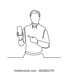 dibujo de línea continua del hombre que sostiene la ilustración vectorial del teléfono móvil. Dibujo continuo de una línea. Empresario con smartphone