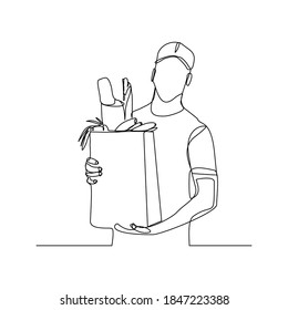 Continuous line drawing of man holding paper bag of fresh vegetable and fruit. One line concept of healthy life style. Single line of shopping fresh vegetable and fruit. vector illustration
