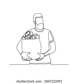 Continuous line drawing of man holding paper bag of fresh vegetable and fruit. One line concept of healthy life style. Single line of shopping fresh vegetable and fruit. vector illustration