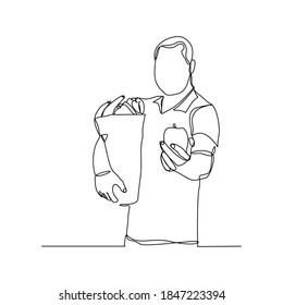Continuous line drawing of man holding paper bag of fresh vegetable and fruit. One line concept of healthy life style. Single line of shopping fresh vegetable and fruit. vector illustration