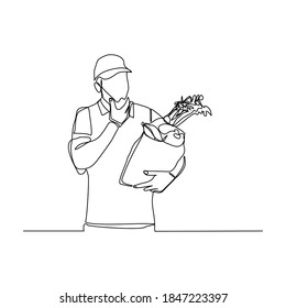 Continuous line drawing of man holding paper bag of fresh vegetable and fruit. One line concept of healthy life style. Single line of shopping fresh vegetable and fruit. vector illustration