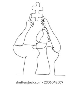
continuous line drawing of man holding puzzle game