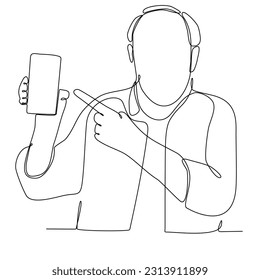 continuous line drawing of man holding mobile phone vector illustration. Continuous one line drawing. Businessman holding smartphone.