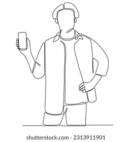 dibujo de línea continua del hombre que sostiene la ilustración vectorial del teléfono móvil. Dibujo continuo de una línea. Empresario sosteniendo un smartphone.
