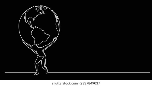 continuous line drawing of man holding the world on his shoulders