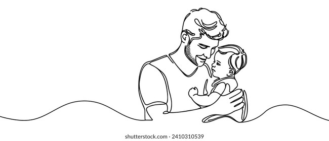 Continuous line drawing of a man holding a child in his arms. Father and child. Vector illustration