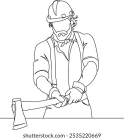 Continuous line drawing of a man holding an axe, line art, vector