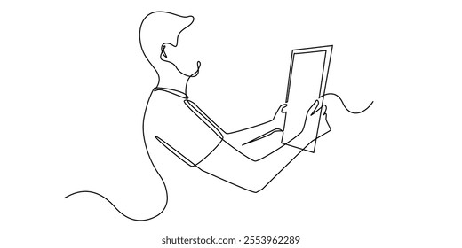 continuous line drawing of man holding photo frame.one line drawing of man looking at photo frame.single line vector illustration.isolated white background