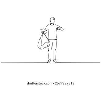Dibujo de línea continua del hombre que sostiene la bolsa de basura. Ilustración de una sola línea de hombre sosteniendo basura. Concepto de servicio de limpieza. Esquema editable
