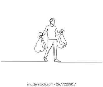 Desenho de linha contínua de homem segurando saco de lixo. Ilustração de linha única de homem segurando lixo. Conceito de serviço de limpeza. Estrutura de tópicos editável
