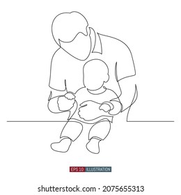 Continuous line drawing of A man holds a child in his arms. Father and baby. Template for your design. Vector illustration.