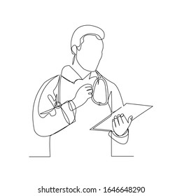 Dibujo continuo de un médico de hospital que sostiene un documento de papel para el paciente. Ilustración vectorial.