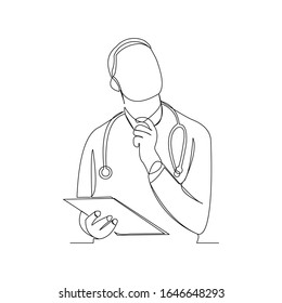 Continuous line drawing of man hospital doctor holding patient paper document. Vector illustration.