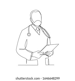 Continuous line drawing of man hospital doctor holding patient paper document. Vector illustration.