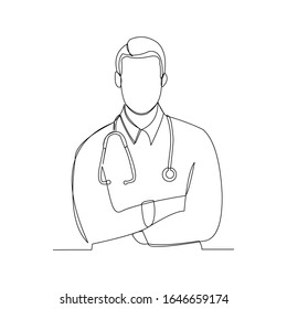 Continuous line drawing of man hospital doctor with stethoscope. Vector illustration.