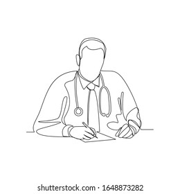 Continuous line drawing of man hospital doctor writing patient paper document. Vector illustration.
