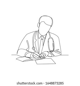 Continuous line drawing of man hospital doctor writing patient paper document. Vector illustration.