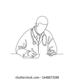 Dibujo de línea continua de un médico del hospital que escribe el documento del paciente. Ilustración vectorial.