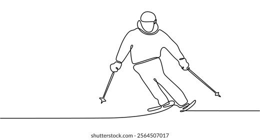 Continuous line drawing of a man ice skating, illustrating freedom and skill on the ice. Minimalist design for sports and fitness. Vector illustration hand drawn.