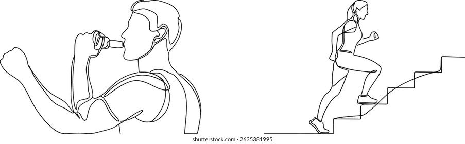 Continuous line drawing of man with inhaler and woman running up stairs workout