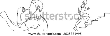 Continuous line drawing of man with inhaler and woman running up stairs workout