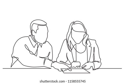 continuous line drawing of man instructing woman on work place