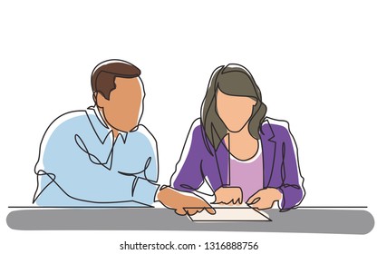 continuous line drawing of man instructing woman on work place