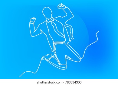 Continuous line drawing. A man in the jump, success in a tie and suit is a businessman.


