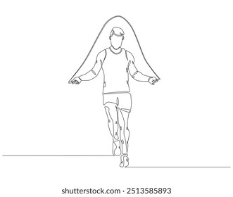 Continuous line drawing of man jumping rope. Single line illustration of rope skipping, skipping speed rope. National rope skipping day concept. Editable outline 