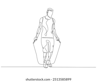 Continuous line drawing of man jumping rope. Single line illustration of rope skipping, skipping speed rope. National rope skipping day concept. Editable outline 