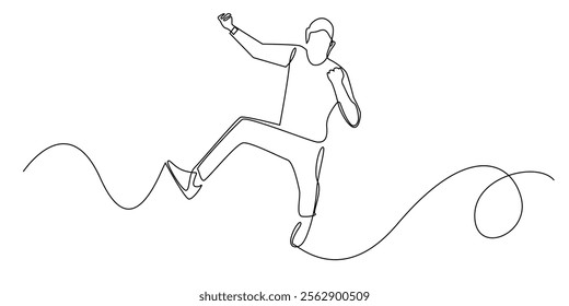 continuous line drawing of a man jumping happily.one line drawing of a man's joyful expression by jumping.single line vector illustration.isolated white background