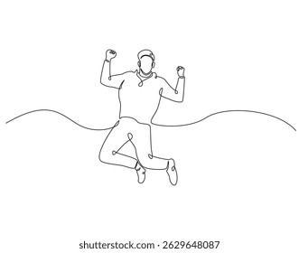 Continuous line drawing of man jumping. Single line illustration of happy man jump. Full of energy concept. Editable outline
