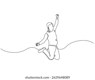 Continuous line drawing of man jumping. Single line illustration of happy man jump. Full of energy concept. Editable outline
