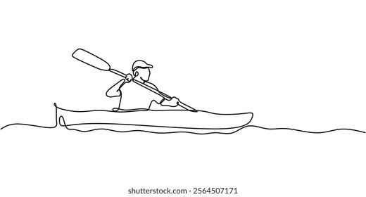 Continuous line drawing of a man kayaking, illustrating the thrill and skill of paddling. Minimalist design for outdoor sports and health. Vector illustration hand drawn.