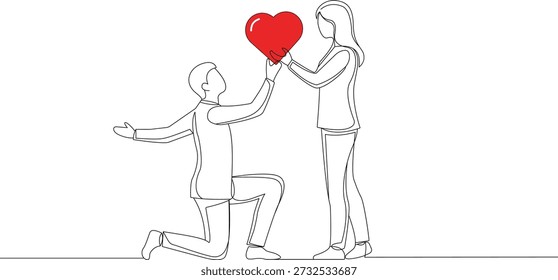 Continuous Line Drawing of Man Kneeling Giving Red Heart to Woman. Romantic Proposal, Valentine's Day, and Couple Love Vector Illustration.