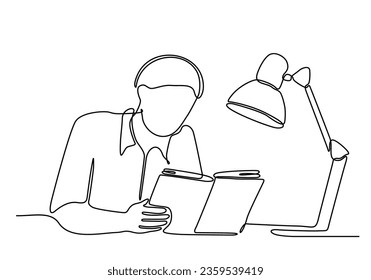 
continuous line drawing of man learning to read a book