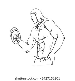 Línea Continua Dibujo Hombre Levantando Pesas De Barriles. Hombre Concepto Modelo Fitness. Ilustración Icono Vector