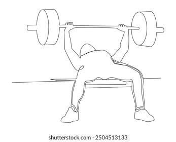 Continuous line drawing of a man lifting a heavy-weight barbell.