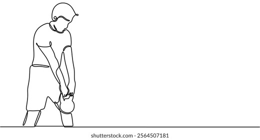 Continuous line drawing of a man lifting a kettlebell, illustrating physical strength and health. Minimalist design for fitness enthusiasts. Vector illustration hand drawn.