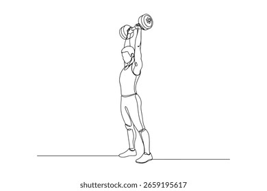 Um desenho de linha contínua de um homem levantando halteres acima da cabeça, perfeito para temas de fitness e exercício. Arte vetorial minimalista  