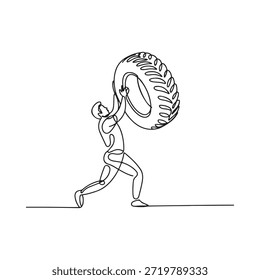 Dibujo de línea continuo de un hombre levantando un neumático pesado para hacer ejercicio