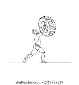 Un dibujo de línea continua de un hombre levantando un Grande neumático para entrenamiento de fuerza