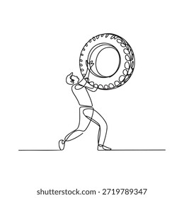 Dibujo de línea continuo de un hombre levantando un neumático Grande para hacer ejercicio