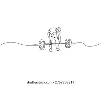 Continuous line drawing of man lifting barbell. Single line illustration of man lifting a heavy barbell. Exercise, workout concept. Editable outline