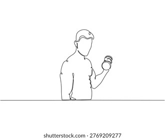Continuous line drawing of man lifting dumbbell. Single line illustration of man lifting a heavy dumbbell. Exercise, workout concept. Editable outline