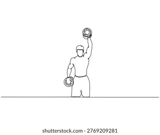 Continuous line drawing of man lifting dumbbell. Single line illustration of man lifting a heavy dumbbell. Exercise, workout concept. Editable outline